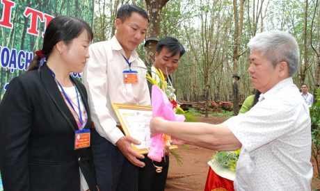 Ông Đặng Đức Tri – TGĐ Công ty TNHH MTV Cao su Chư Sê trao thưởng cho tập thể đạt giải Hội thi thợ giỏi NT Ia H’lốp. 