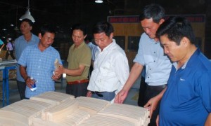 Lãnh đạo Công ty TNHH MTV Cao su Kon Tum tham quan Nhà máy chế biến gỗ Minh Dương Chu Lai, một trong những đơn vị sản xuất gỗ cao su xuất khẩu lớn.