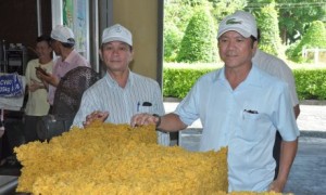Ông Lê Thanh Hưng - Bí thư Đảng ủy, TGĐ công ty (bên phải) kiểm tra sản phẩm tại Nhà máy chế biến cao su Long Hòa.