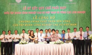 Đại diện tổ chức Oxfam, PanNature và VRG thể hiện cam kết sau khi ký biên bản ghi nhớ hợp tác vào ngày 29/5. Ảnh: Vũ Phong