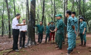 Ông Đặng Văn Lệ - Chủ tịch Công đoàn cao su Đồng Phú (bên trái) thường xuyên ra tận lộ, thăm hỏi, động viên công nhân. Ảnh: Ngọc Cẩm