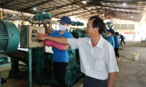 Ông Hứa Minh Tuấn hướng dẫn công nhân tại Xí nghiệp Chế biến Thuận Phú.