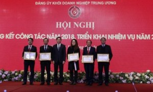 Đồng chí Phạm Viết Thanh - Ủy viên Trung ương Đảng, Bí thư Đảng ủy Khối DNTW trao tặng Bằng khen của Đảng ủy Khối cho các đảng bộ có thành tích tiêu biểu trong năm 2018.